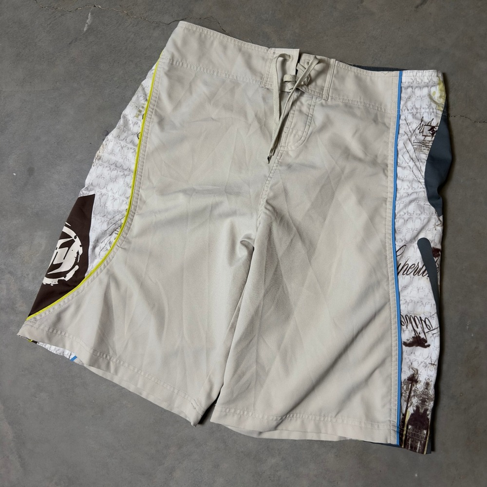 Y2K Hyperlite Board Shorts Mens 34 Tan Graphic Print Surf Baggy Gorpcore